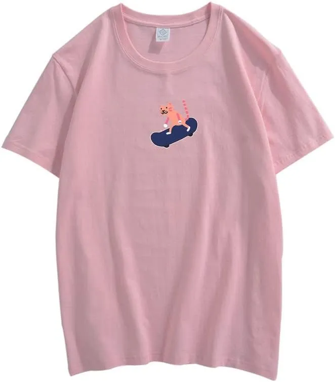 CORIRESHA Unisex Cute Cat Skateboard Casual Crewneck Short Sleeves Loose Funny T-Shirts