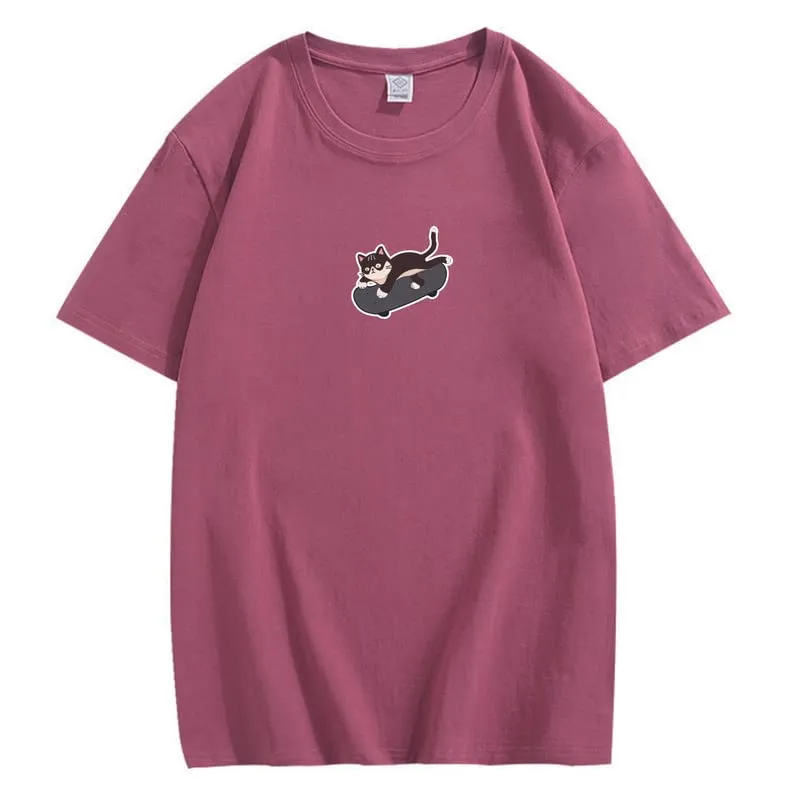 CORIRESHA Unisex Kawaii Clothing Crewneck Short Sleeves Cute Skateboard Cat Loose T-Shirt