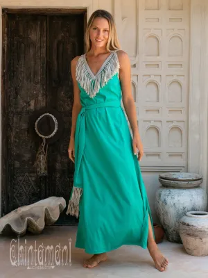 Cotton Boho Fringe Dress for Women / Green