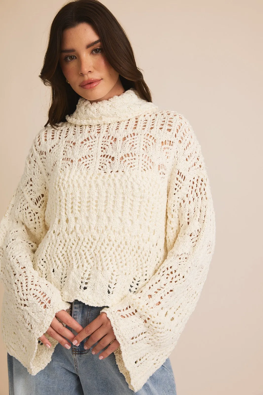 Crochet Effect Turtle Neck Sweater