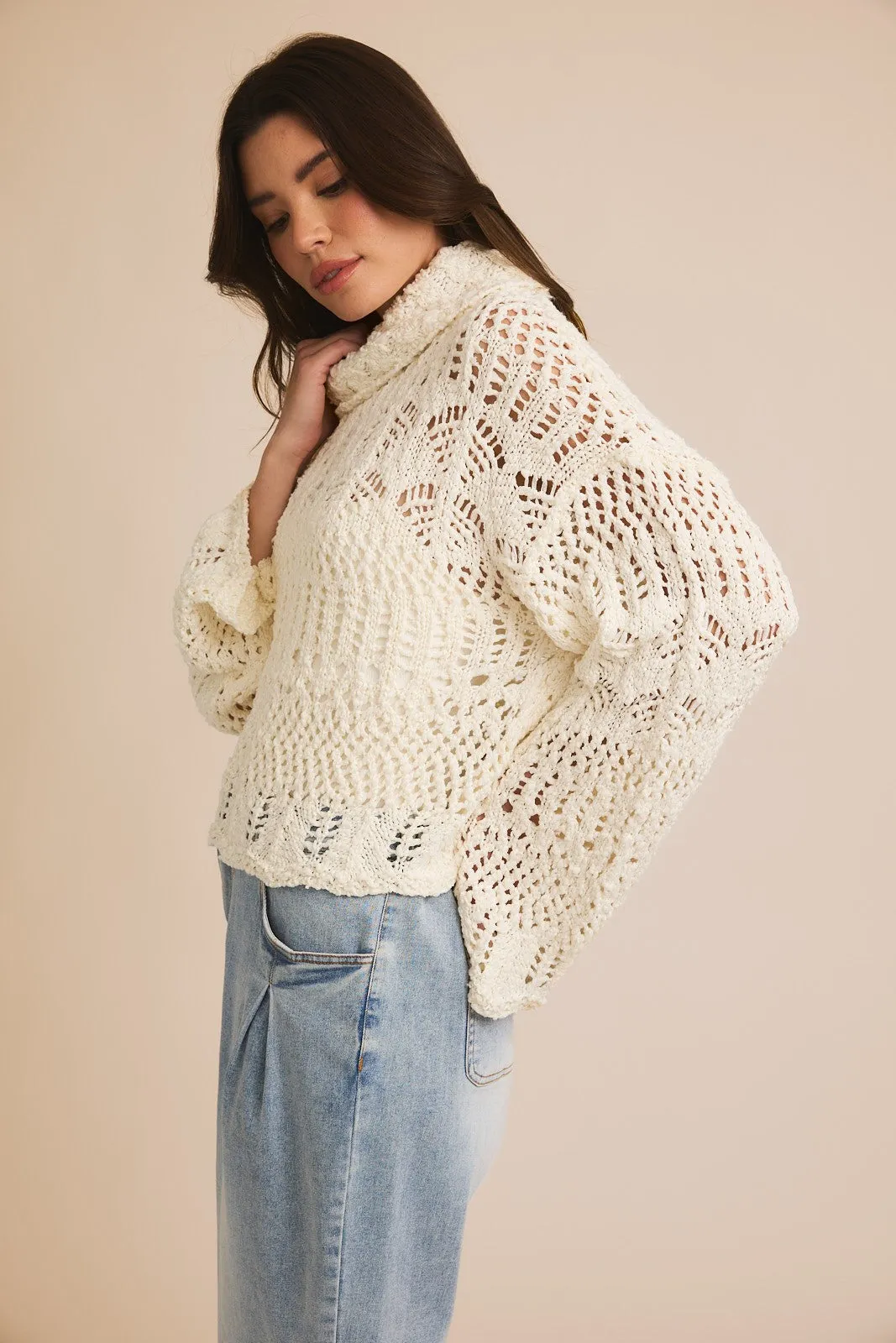 Crochet Effect Turtle Neck Sweater