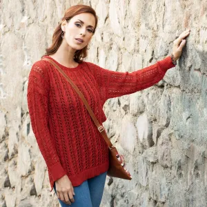 Crocheted Pima Cotton Pullover in Cinnabar from Peru - Sweet Warmth in Cinnabar | NOVICA