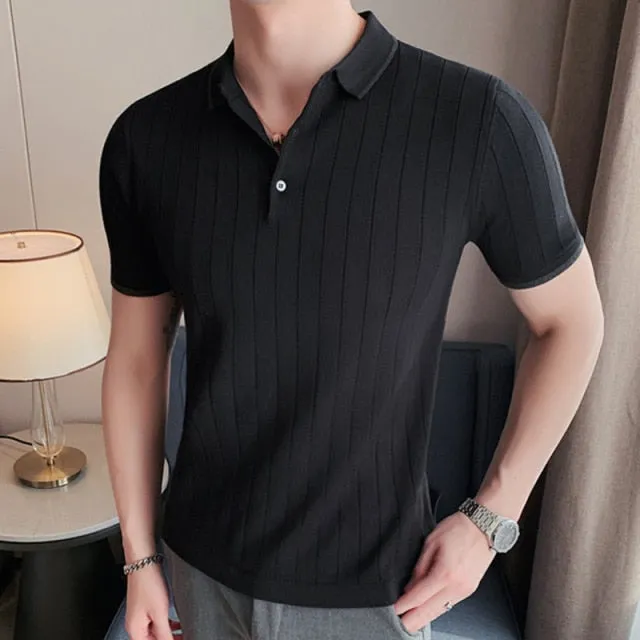 Cross Subtle Striped Knitted Short Sleeve Polo Shirt