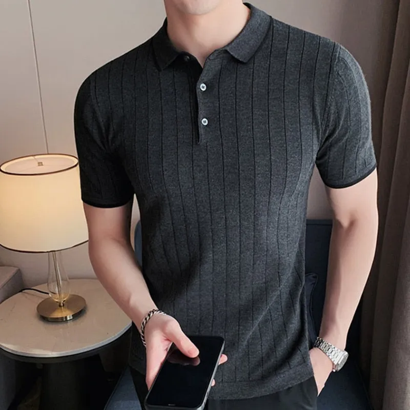 Cross Subtle Striped Knitted Short Sleeve Polo Shirt
