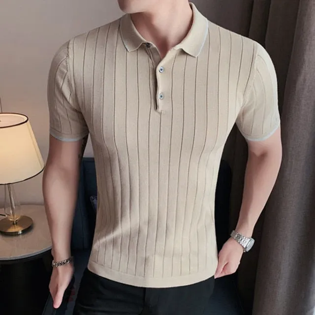 Cross Subtle Striped Knitted Short Sleeve Polo Shirt