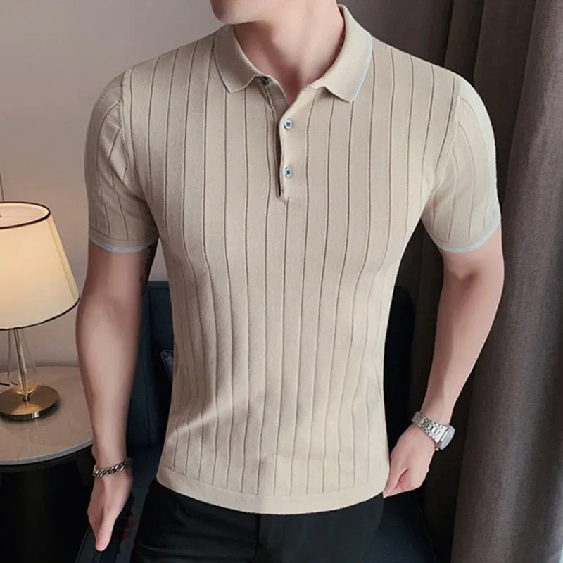 Cross Subtle Striped Knitted Short Sleeve Polo Shirt