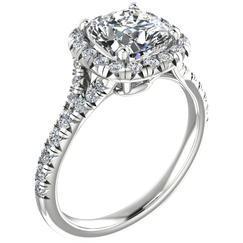 Cushion Cut Diamond Halo Engagement Ring with Side Stones