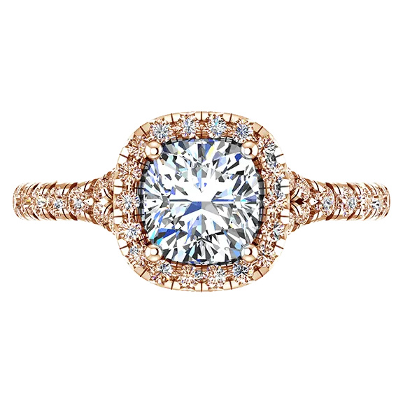 Cushion Cut Diamond Halo Engagement Ring with Side Stones