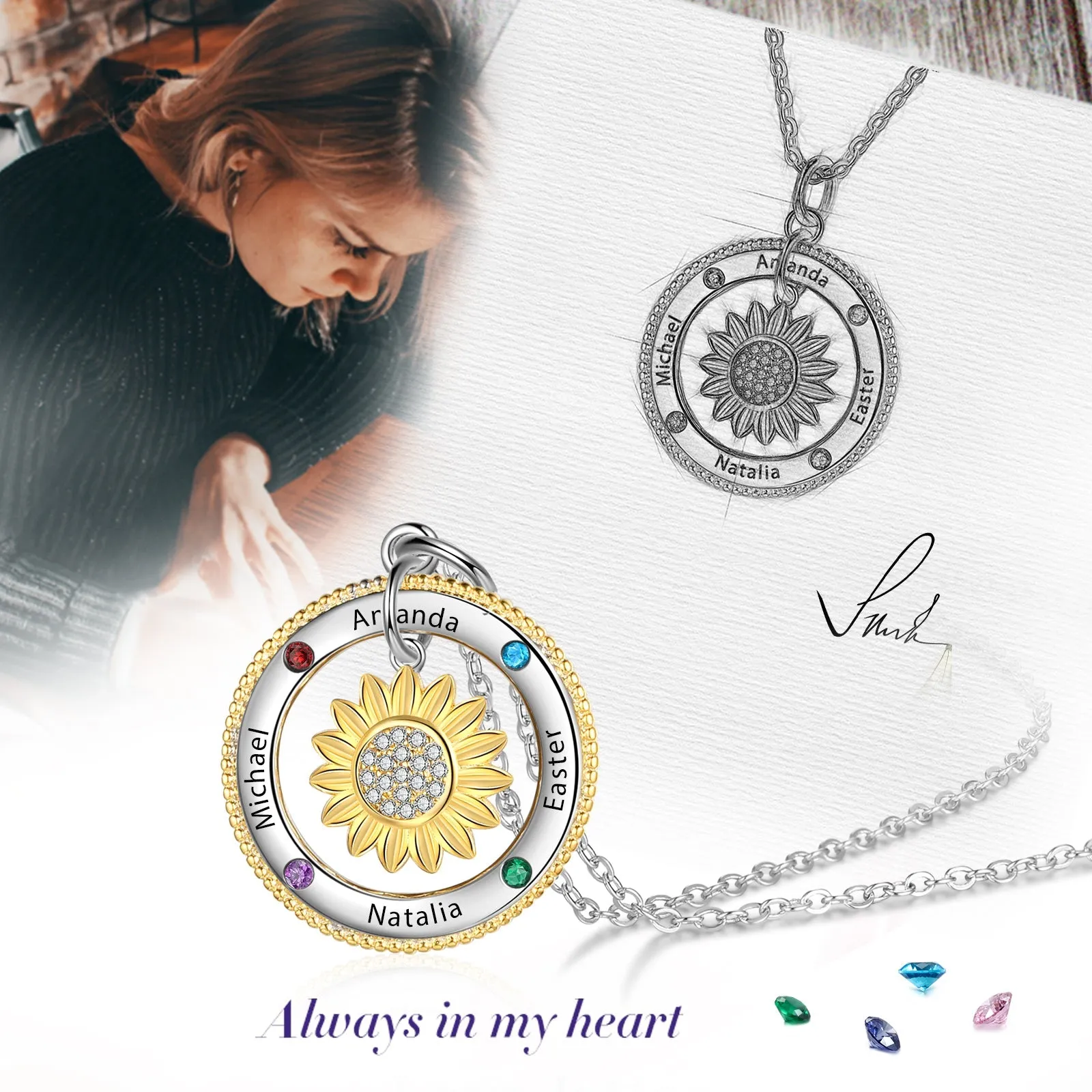 Customized Sunflower Name Necklace with Birthstones
