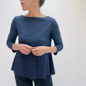 Cut Loose | 3/4 Sleeve A-Line Boatneck Linen Blend Top in Nightsky Stripe