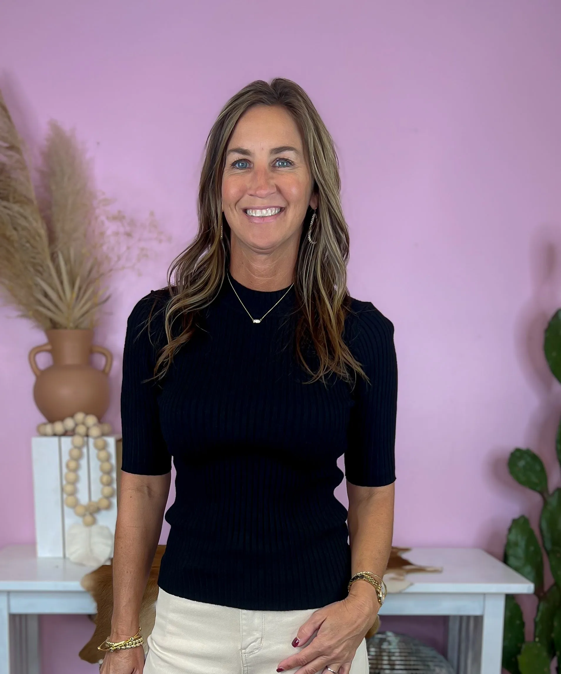 Cute And Casual Black Ribbed Short Sleeve Mock Neck Top