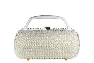 Cylindrical white beaded raffia handbag with clear beads