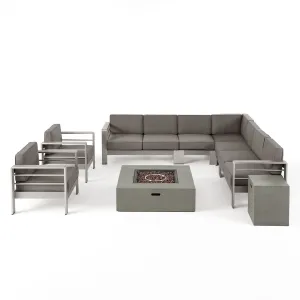 Danae Coral Outdoor 9 Seater Aluminum L-Shaped Sofa Sectional and Fire Pit Set