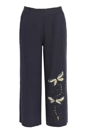 DARK NAVY CROP PANT WITH DRAGONFLIES