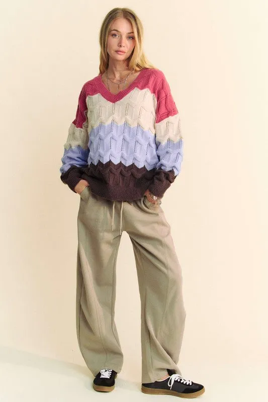 Davi & Dani Wavy Texture Sweater Color Block V-Neck Openwork Knit Pullover