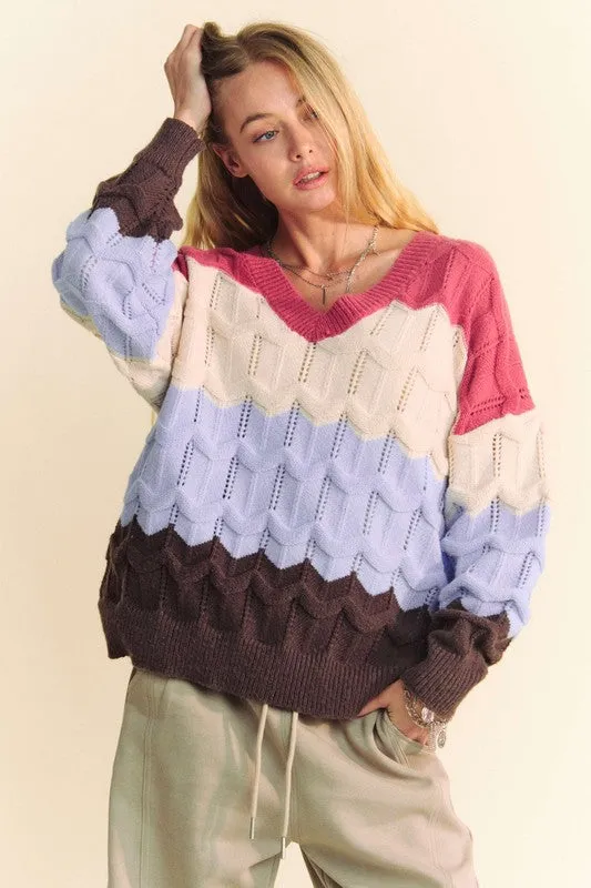 Davi & Dani Wavy Texture Sweater Color Block V-Neck Openwork Knit Pullover