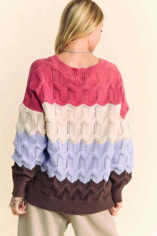 Davi & Dani Wavy Texture Sweater Color Block V-Neck Openwork Knit Pullover