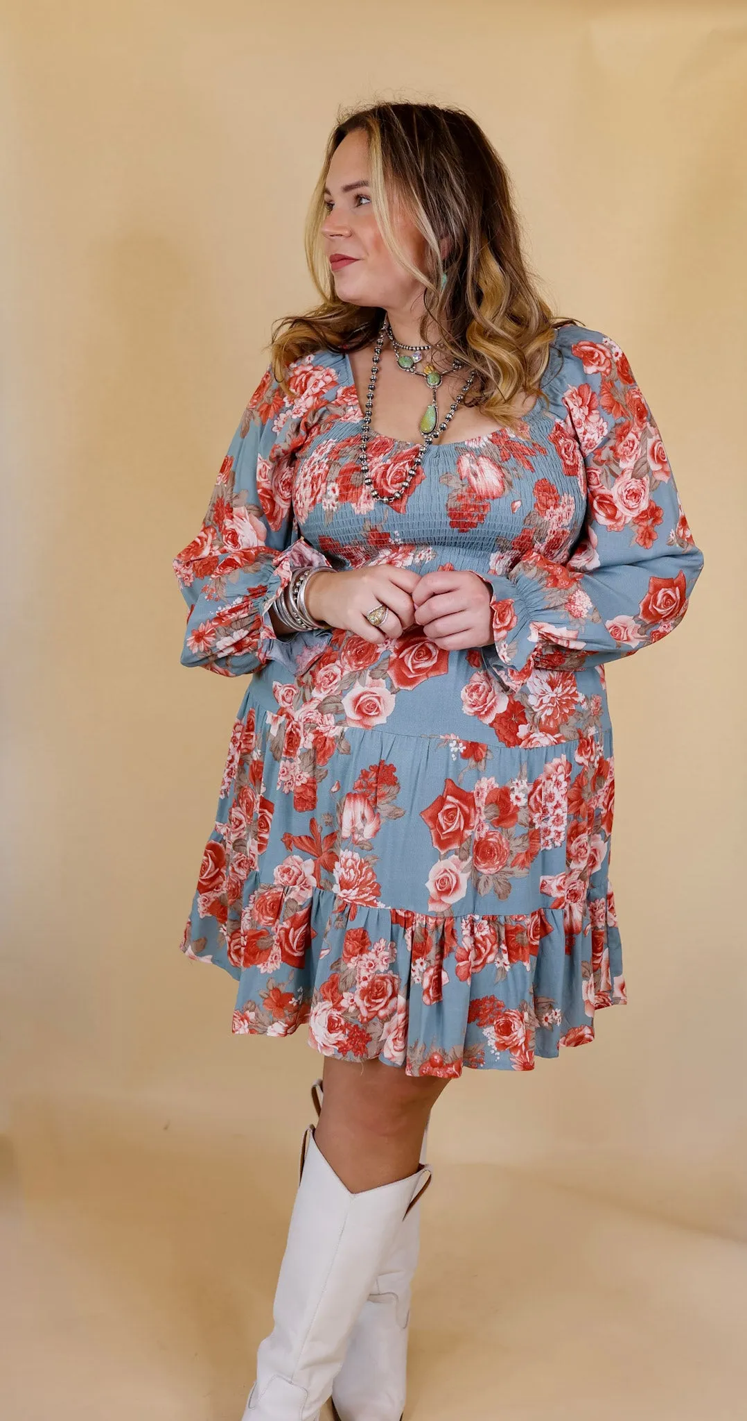 Day Cafe Smocked Bodice Floral Long Sleeve Dress in Dusty Blue