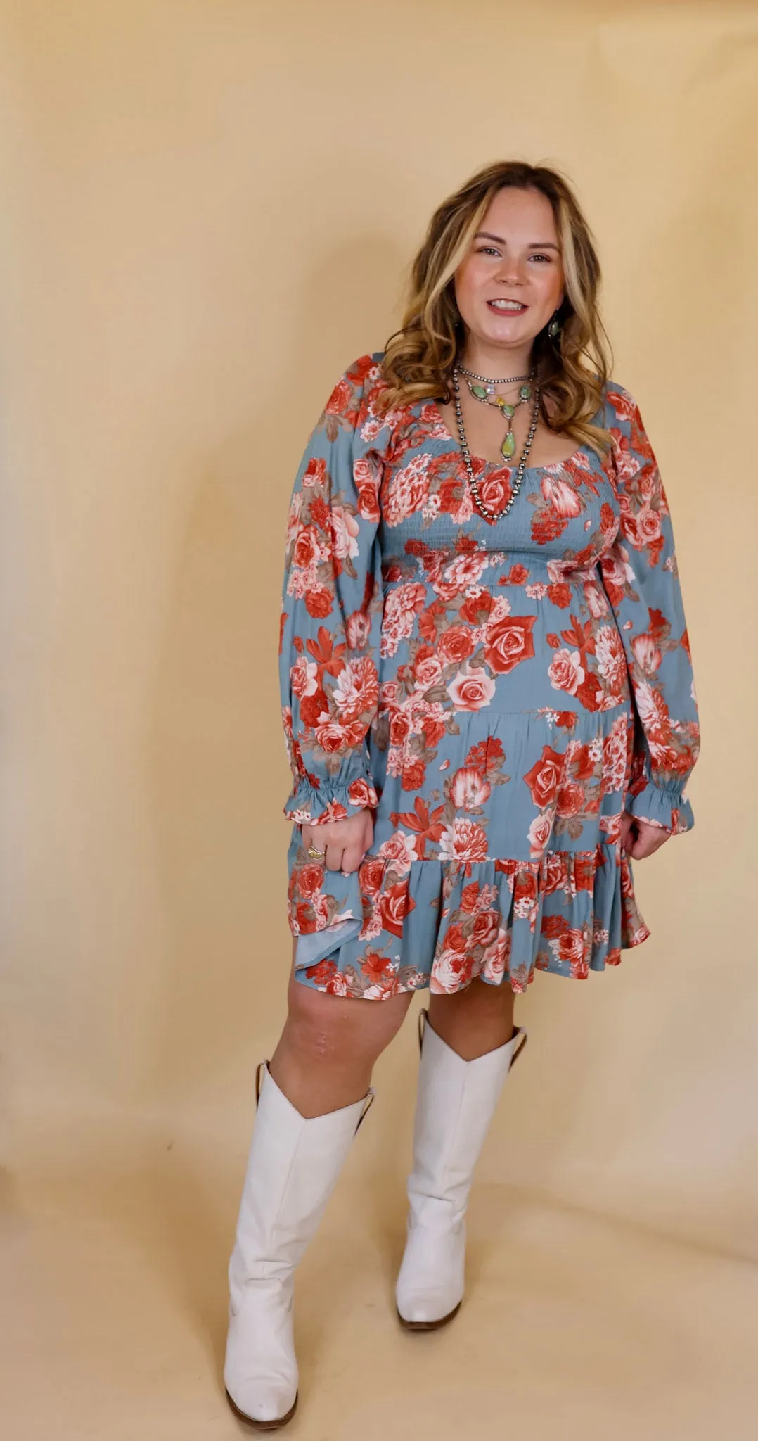 Day Cafe Smocked Bodice Floral Long Sleeve Dress in Dusty Blue