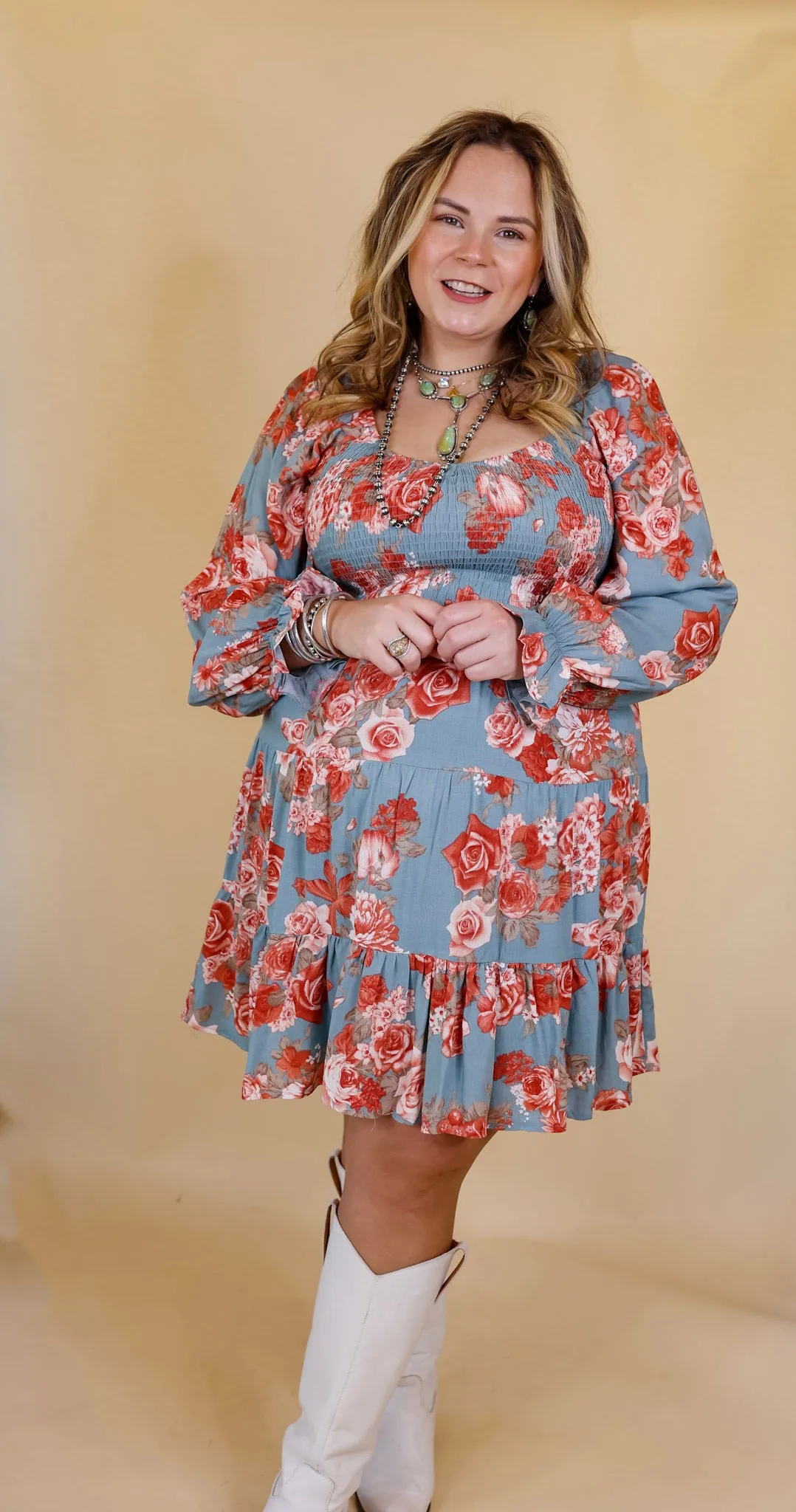 Day Cafe Smocked Bodice Floral Long Sleeve Dress in Dusty Blue
