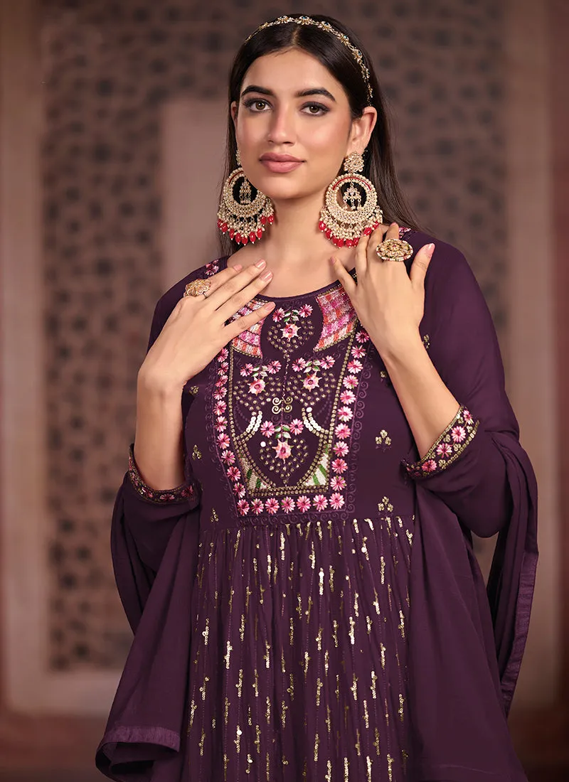 Deep Purple Multi Embroidered Traditional High Slit Palazzo Suit
