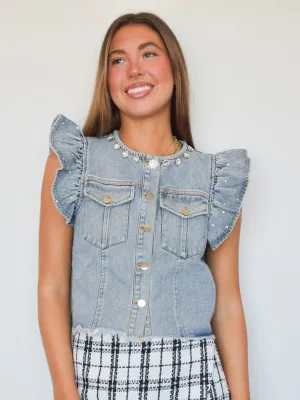 Denim Rhinestone Ruffle Vest