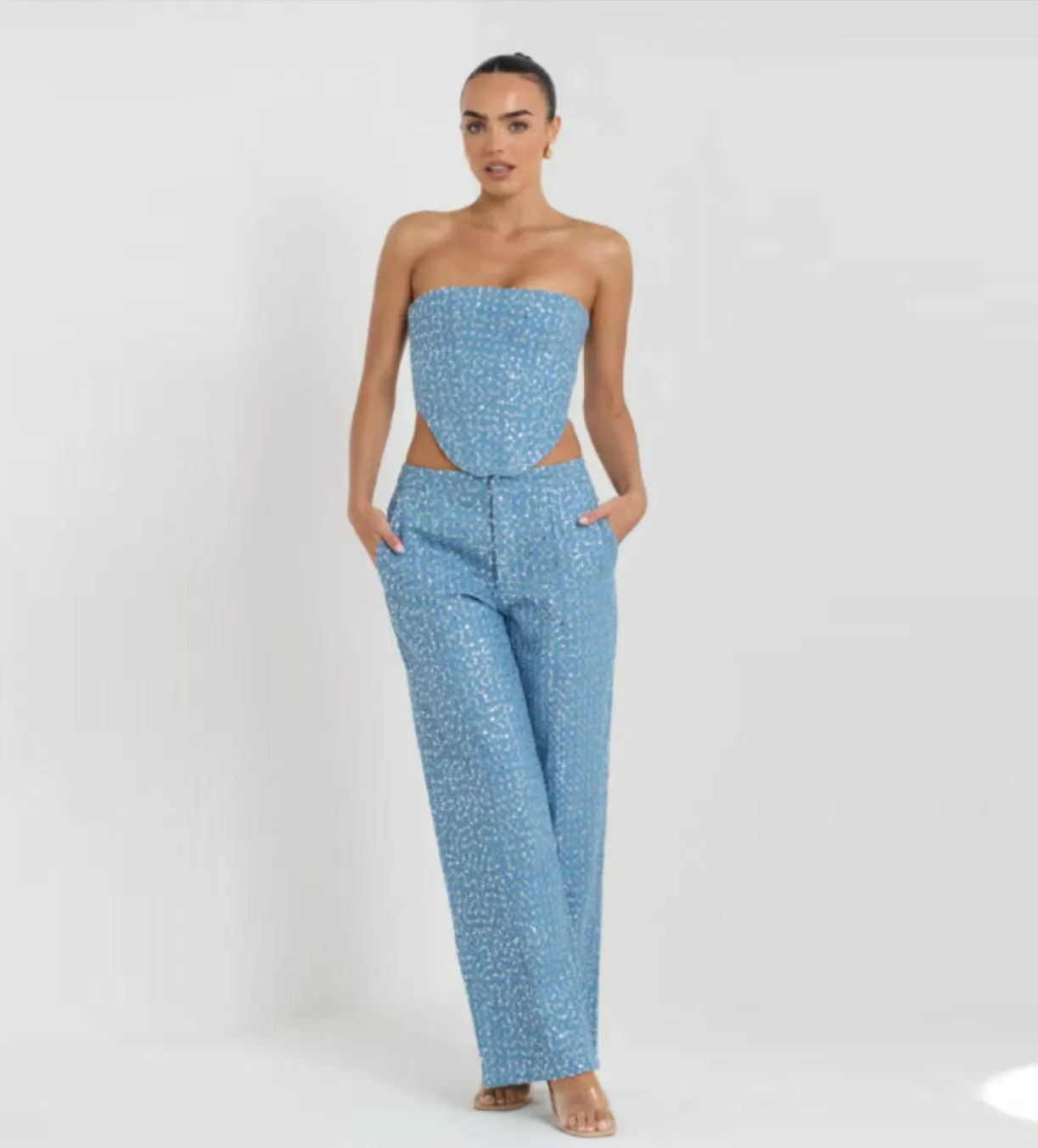 Denim Sequined Tube Top Wide Leg Pants Outfit Set