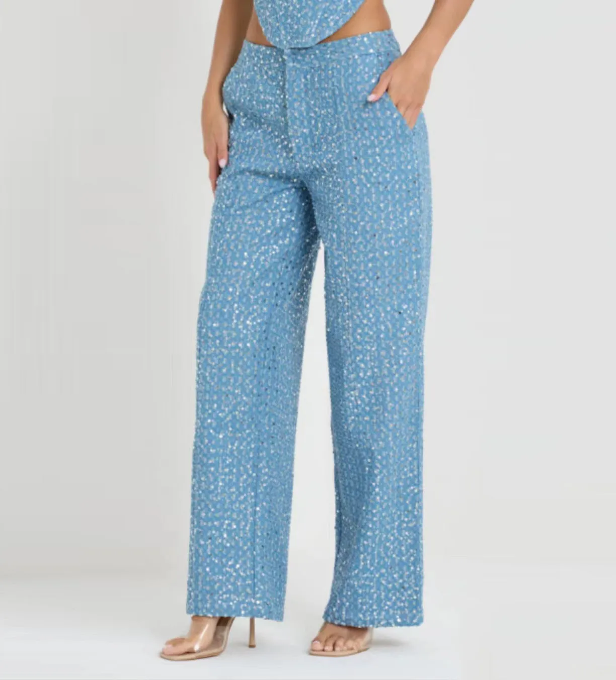 Denim Sequined Tube Top Wide Leg Pants Outfit Set