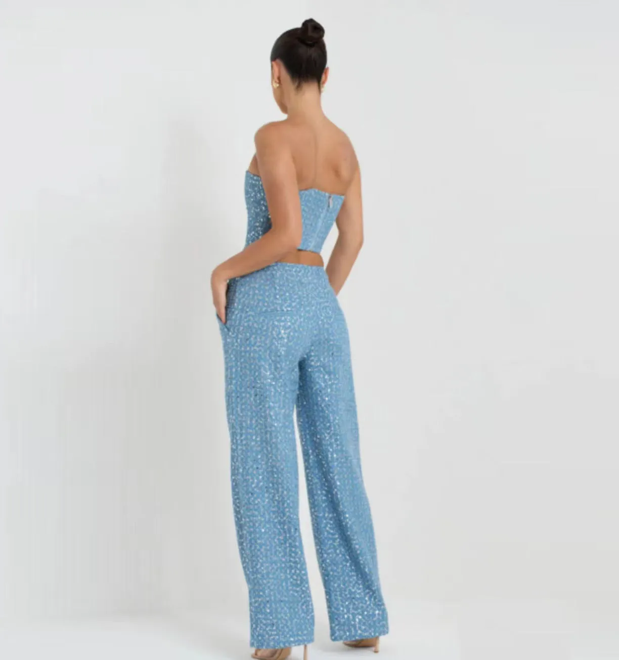 Denim Sequined Tube Top Wide Leg Pants Outfit Set