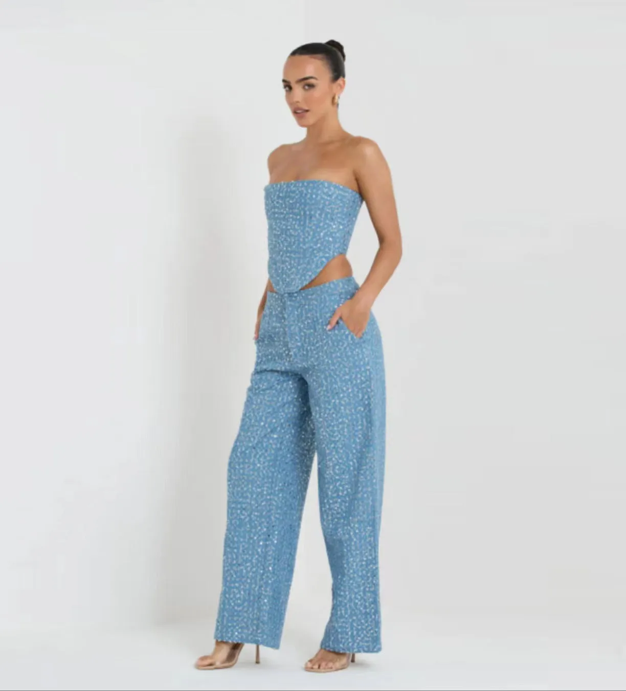 Denim Sequined Tube Top Wide Leg Pants Outfit Set