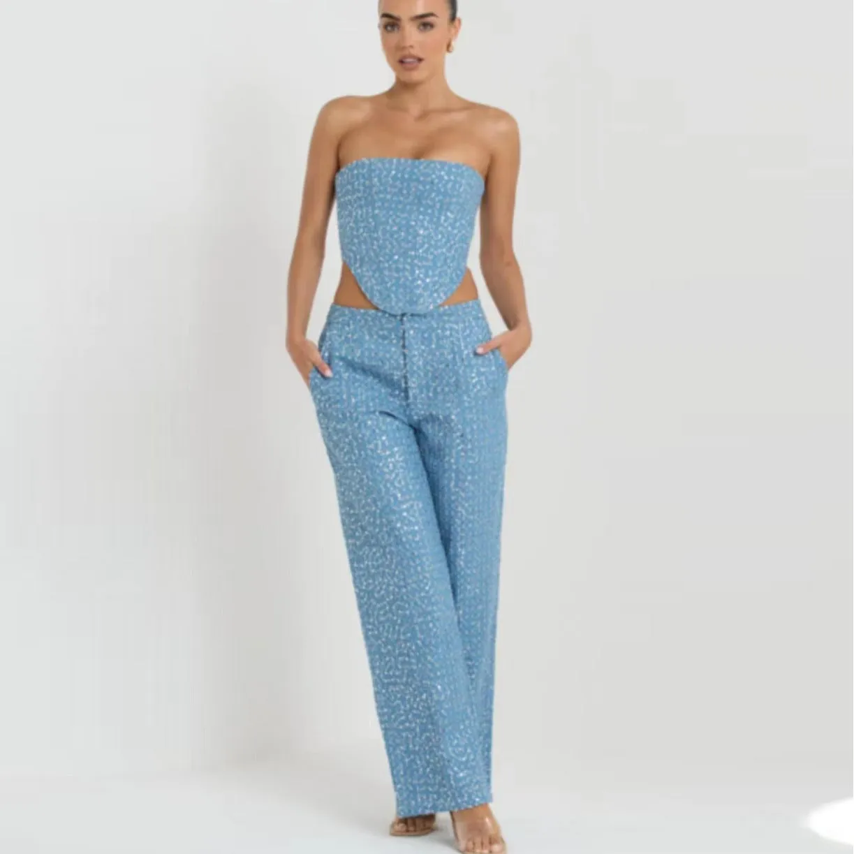 Denim Sequined Tube Top Wide Leg Pants Outfit Set