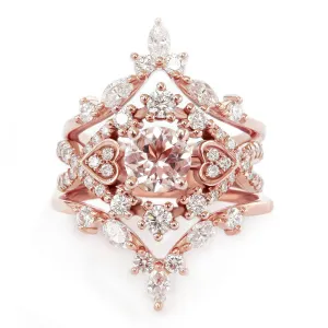 Destiny & Hermes - Morganite & Diamond Halo Unique Engagement & Wedding, Bridal Rings Set ♥