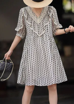 DIY Beige V Neck Ruffled Print Patchwork Chiffon Dresses Summer LY3830