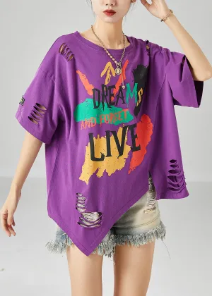 DIY Purple Asymmetrical Print Cotton Tank Tops Summer LY6709
