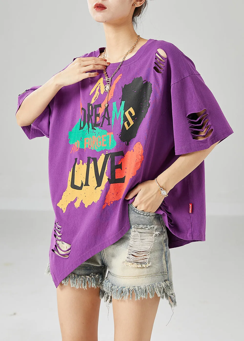 DIY Purple Asymmetrical Print Cotton Tank Tops Summer LY6709