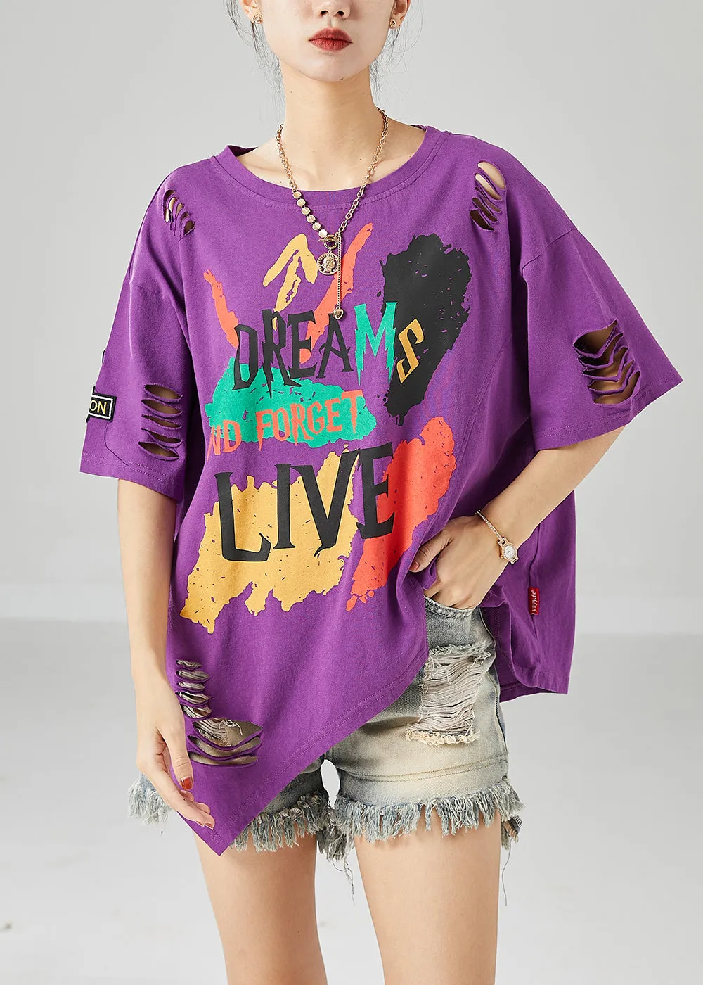 DIY Purple Asymmetrical Print Cotton Tank Tops Summer LY6709
