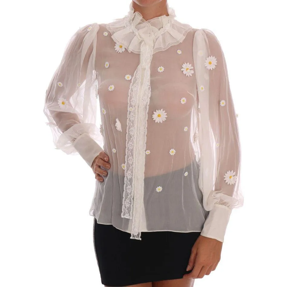 Dolce & Gabbana Elegant White Silk Daisy Blouse
