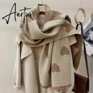 Double Side Cashmere Scarf Autumn Winter Women's Love Heart Plaid Fashion Ladies Long Thickened Warm Knitted Scarf Hijab Stole