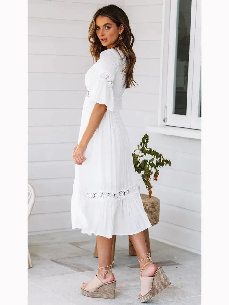 DressBetty - 2024 Sexy V Neck Lace Splice Boho Midi Dress