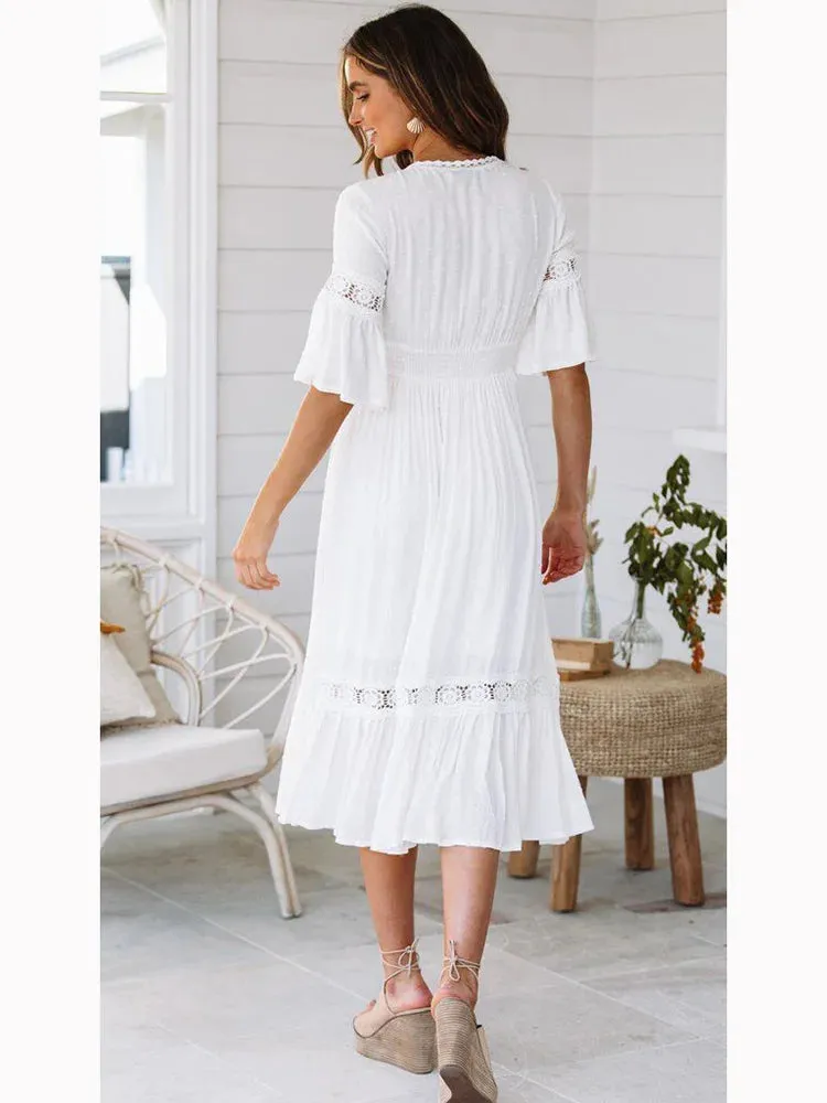 DressBetty - 2024 Sexy V Neck Lace Splice Boho Midi Dress