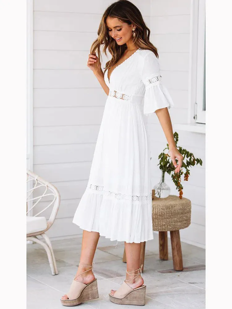 DressBetty - 2024 Sexy V Neck Lace Splice Boho Midi Dress