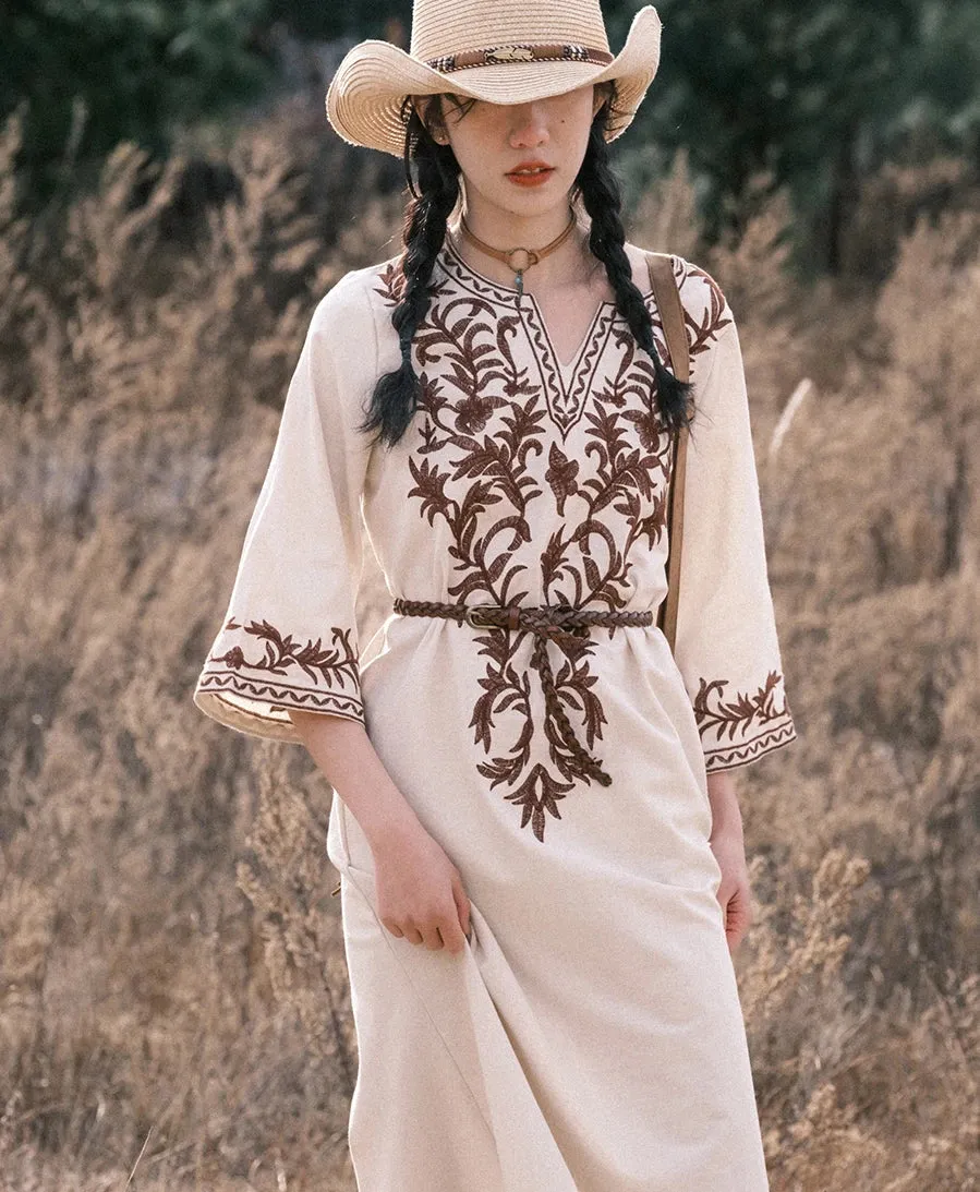 DressBetty - 2024 Vintage V Neck Boho Cotton Linen Floral Embroidery Long Boho Dress