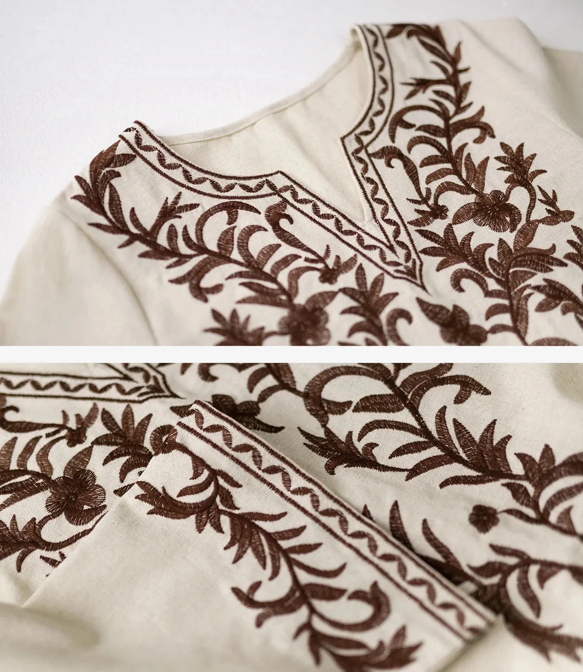 DressBetty - 2024 Vintage V Neck Boho Cotton Linen Floral Embroidery Long Boho Dress