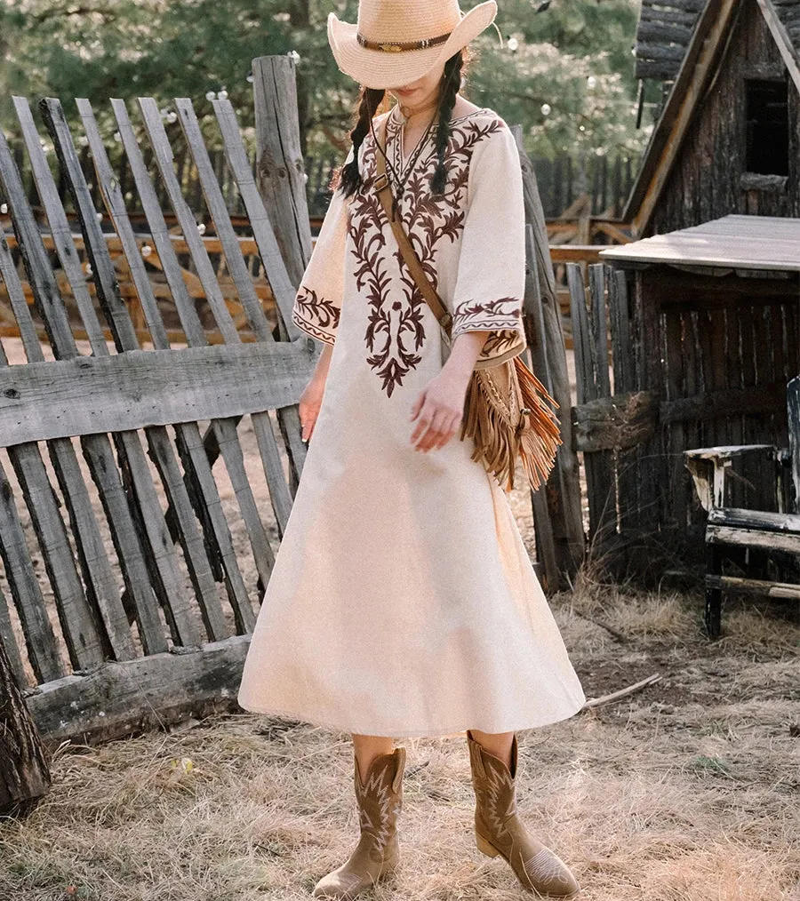 DressBetty - 2024 Vintage V Neck Boho Cotton Linen Floral Embroidery Long Boho Dress