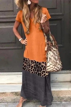 Dunnmall Casual Color Block Leopard Maxi Dress