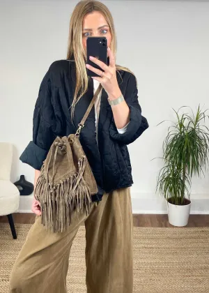 Dutton Suede Fringe Bucket Bag in Taupe