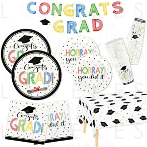 DYLIVeS Graduation Party Supplies, You did it Colorful Grad Congrats Disposable Tableware Set 2023 Graduation Party Decorations for College High School, Plates and Napkins, Cups, Tablecloth, Serves 24