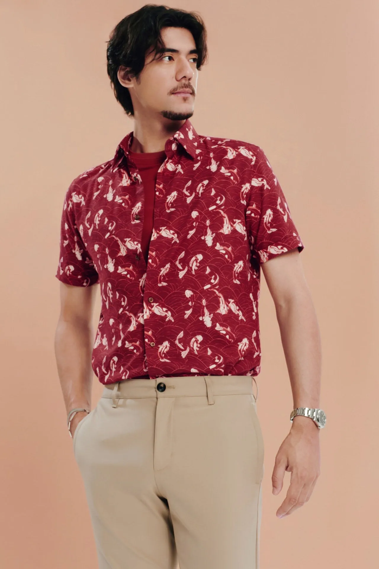 Easy Care Koi All Over Print Cotton Oxford Smart Fit Short Sleeve Casual Shirt