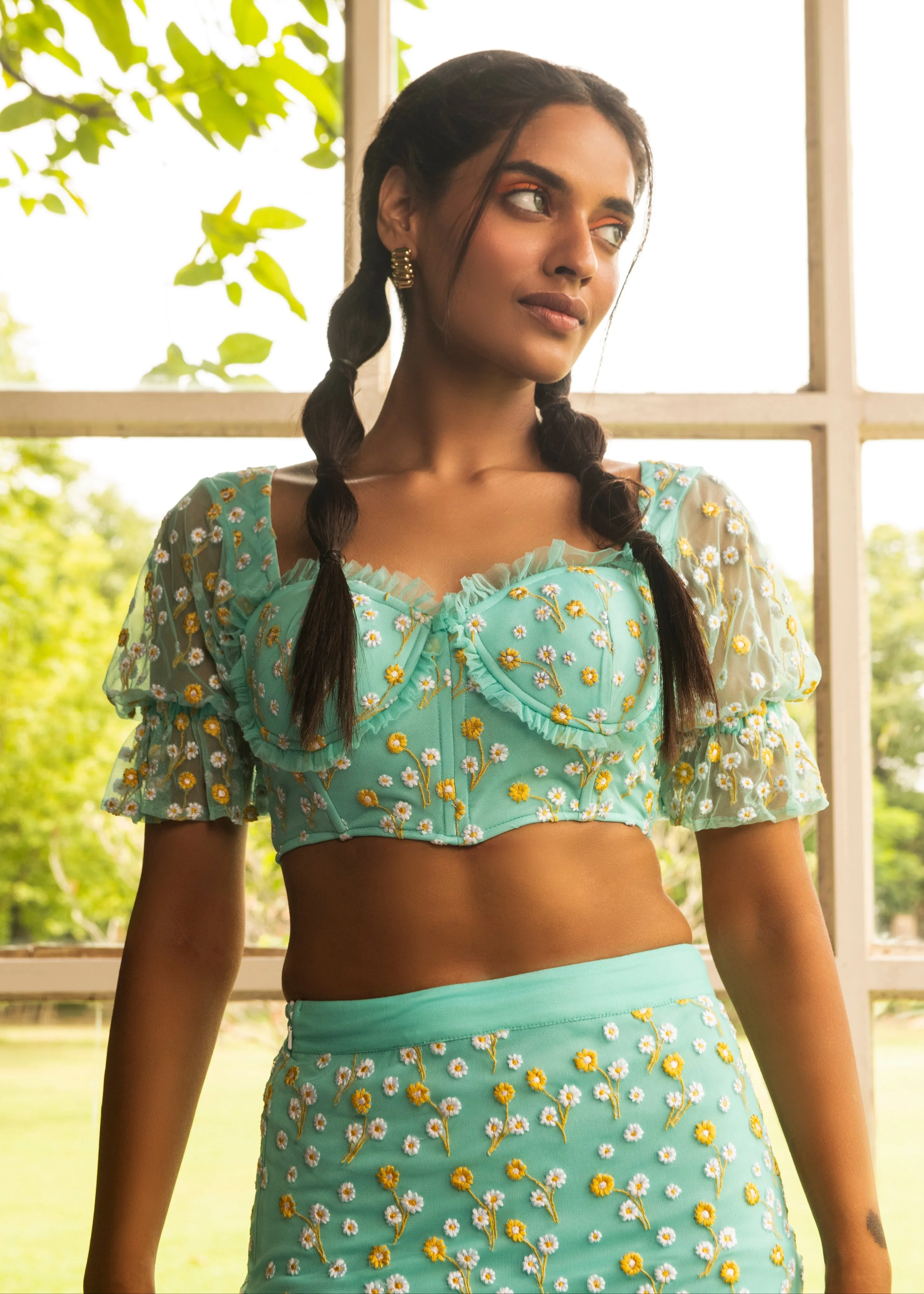 Edith Blue Daisy Embroidered Mini Skirt