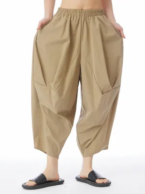 Elasticity Pleated Solid Color Split-Joint Harem Pants Loose Pants Cropped Trousers